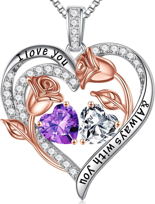 Iefil Birthstone Necklace for Women - 925 Sterling Silver Rose Heart Birthstone Necklace Birthday Anniversary Jewelry Gifts for Her Wife Mom Daughter