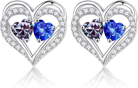 Iefil Birthstone Earrings for Women - 925 Sterling Silver Heart Earrings Anniversary Birthday Gifts for Women Wife Girlfriend Mom