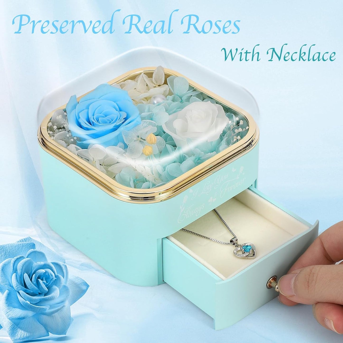 Preserved Roses Jewelry Box with Heart Necklace - Eternal Rose & ‘I Love You Always & Forever’ Engraving - Luxury Gift for Mom, Wife, or Grandma on Mother’s Day
