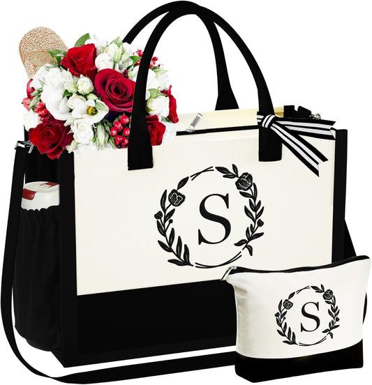 YOOLIFE Gifts for Women - Initial Canvas Tote Bag Makeup Bag, Personalized Gifts for Women Mom Wife Teacher Friend Birthday