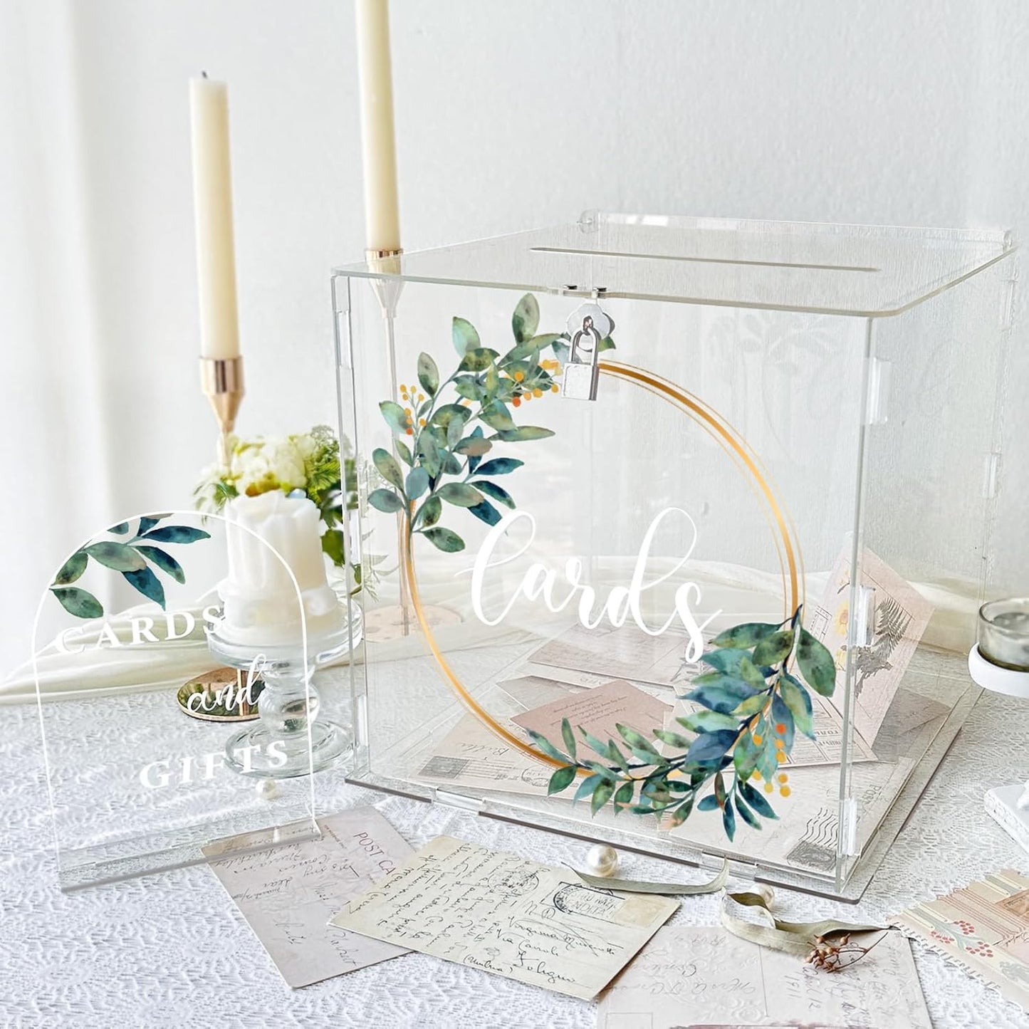 OurWarm Large Clear Wedding Card Box with Lock & Slot, Thick Acrylic, Eucalyptus Money Gift Card Storage Box for Wedding, Graduation, Birthday, Baby Shower Decorations
