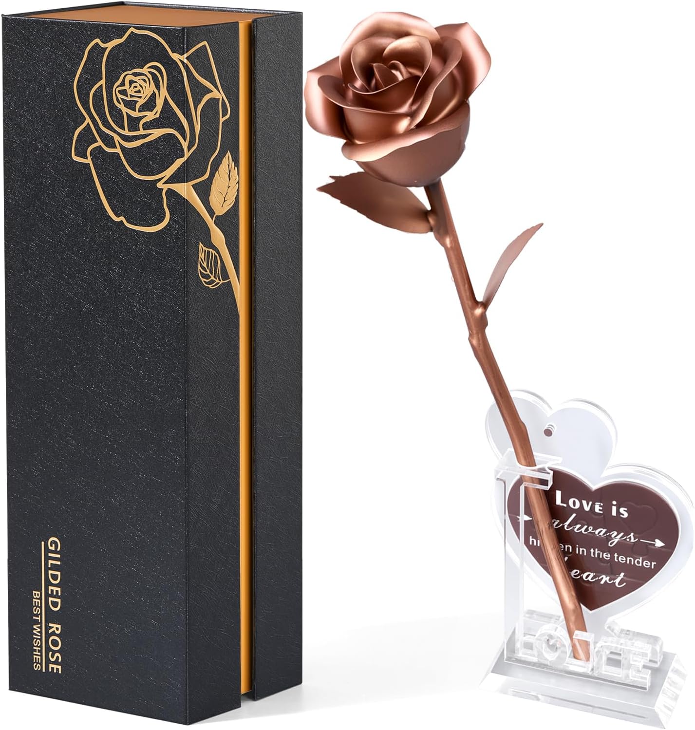 Mikasol Handcrafted Bronze Rose in Elegant Black Box - 8th 19th Wedding for Her - Eternal Metal Flower with Message Puzzle Heart Stand