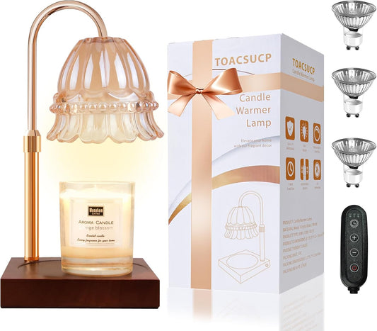 Candle Warmer Lamp with 3 Bulbs, Adjustable Height Dimmable Candle Warmer with Timer, Compatible with Large Jar Candles, Flower Candle Warmer with Charming Gift Box Ribbon(Light Brown)