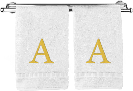 Monogrammed Hand Towel, Personalized Gift, Set of 2- Gold Block Letter Embroidered Towel - Extra Absorbent 100% Turkish Cotton - Soft Terry Finish - Initial A White