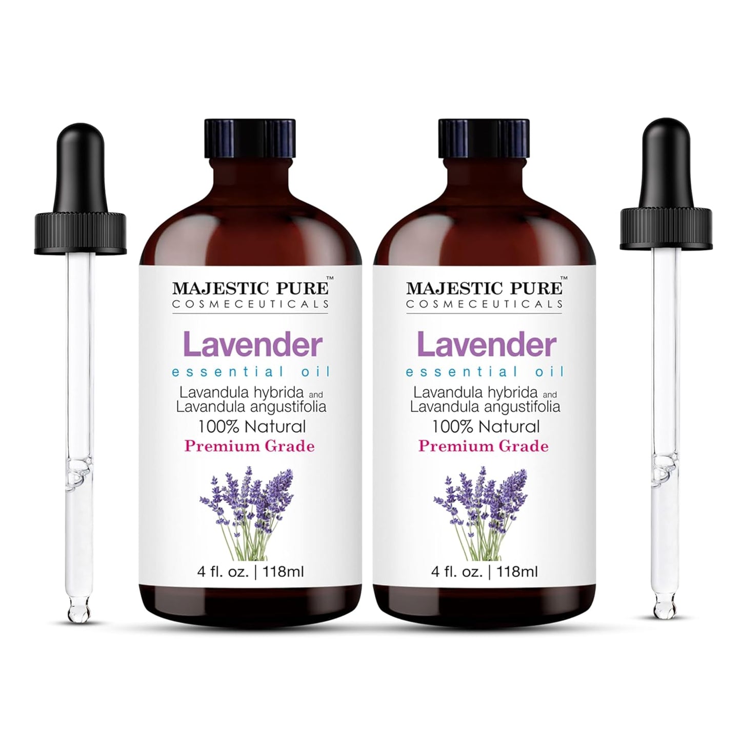 Majestic Pure Lavender Essential Oil with Glass Dropper - 4 Fl Oz Pack of 2-100% Pure and Natural Lavender Oil - Premium Grade Essential Oils for Diffuser, Aromatherapy, Soap and Candle Making