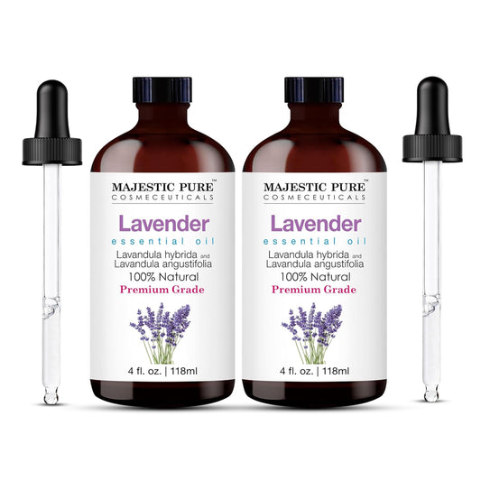 Majestic Pure Lavender Essential Oil with Glass Dropper - 4 Fl Oz Pack of 2-100% Pure and Natural Lavender Oil - Premium Grade Essential Oils for Diffuser, Aromatherapy, Soap and Candle Making