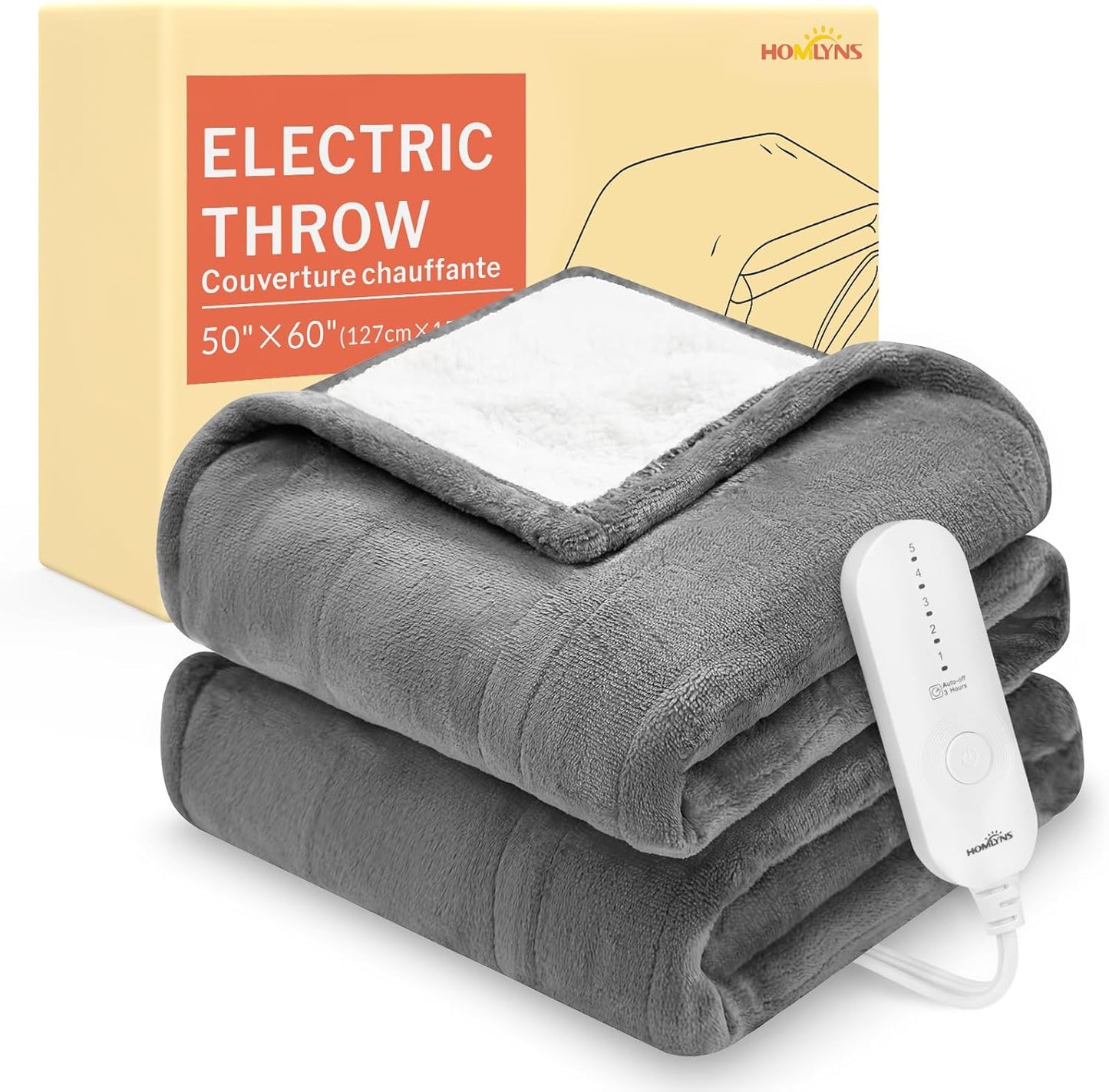 HOMLYNS LuxeHeat Heated Blanket Electric Blanket, Soft Flannel Sherpa Heated Throw, Heating Blanket with 5 Heat Settings, 3 hrs Timer Auto Shut Off (50x60 inches, Grey)