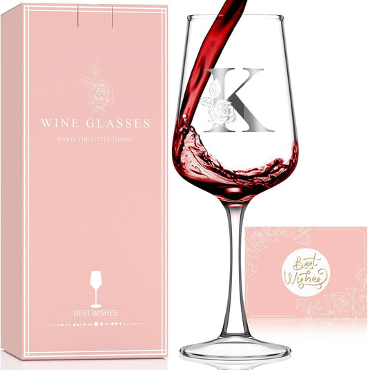 Monogrammed Wine Glass Gifts for Women - Personalized A-Z Wine Glasses with Gift Box & Greeting Card | Custom Mothers day, Anniversary, Birthday Gifts for Her, Mom, Wife, Best Friend, Sister,Woman (K)