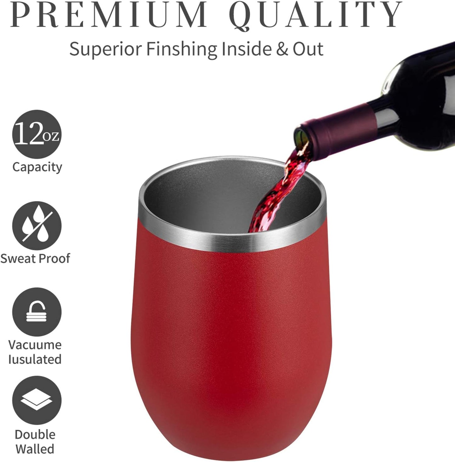 MEWAY 12oz/8 Pack Wine Tumbler Glasses with Lid - Stemless Double Wall Vacuum Stainless Steel Travel Tumbler - Keeping Cold & Hot for Wine,Coffee,Cocktails,Drinks-Family and Gifts (Red,Set of 8)