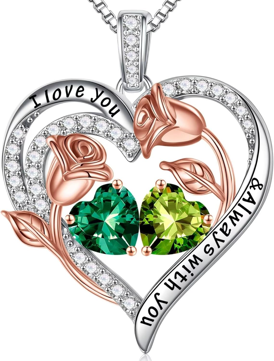 Iefil Birthstone Necklace for Women - 925 Sterling Silver Rose Heart Birthstone Necklace Birthday Anniversary Jewelry Gifts for Her Wife Mom Daughter