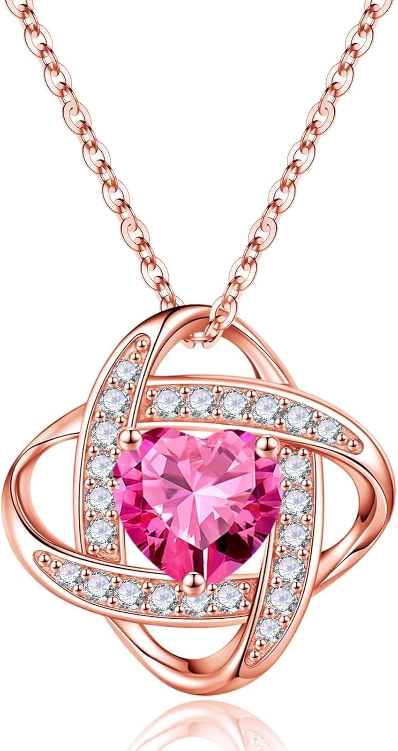 Iefil 925 Sterling Silver Love Knot Birthstone Necklace, Natural or Created Gemstone, Anniversary Birthday Gifts for Women, Jewelry Gifts for Wife Mom Girlfriend