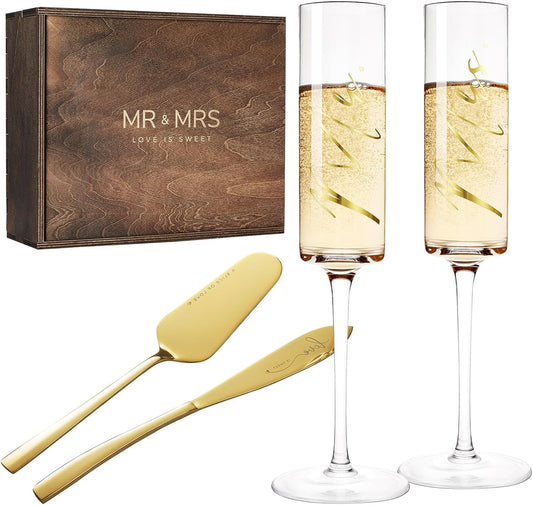 AW BRIDAL Engagement Bridal Shower Wedding Gifts for Couple Newlyweds, Anniversary Mr Mrs Champagne Flutes Toasting Glasses Set of 2, Wedding Gold Cake Cutting Set with Wooden Box for Bride Groom
