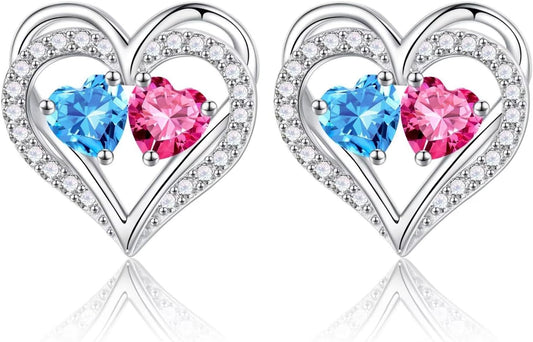 Iefil Birthstone Earrings for Women - 925 Sterling Silver Heart Earrings Anniversary Birthday Gifts for Women Wife Girlfriend Mom