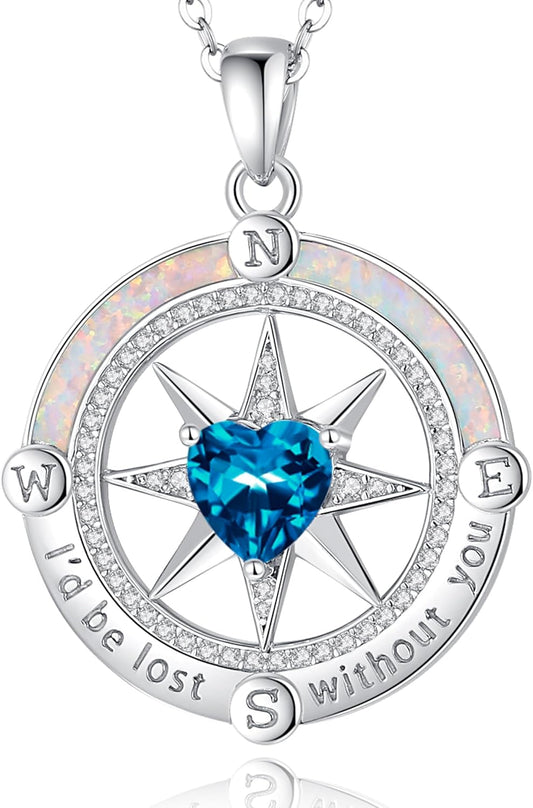 FANCIME Compass Necklace for Women Sterling Silver Compass Jewelry Opal Pendant Fine Jewelry Gemstone Birthday Mother's Day Gifts for Wife