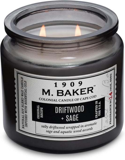 Colonial Candle Driftwood Sage Scented Jar Candle | 2-Wick Natural Soy Blend Wax Candle for Home | Relaxing Aromatherapy Candle Infused with Essential Oils | M. Baker Apothecary Glass Jar Candle