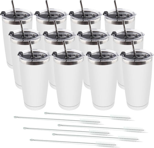 Amtidy 12 Pack 20oz Stainless Steel Tumbler with Lid, Powder Coated Vacuum Insulated Tumbler Cup, With straw and cleaning brushDouble Wall Coffee Tumbler, Powder Coated Travel Mug