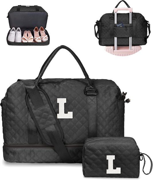 Graduation Gifts for Girls-Initial Duffle Bag with Shoe Compartment, Personalized Weekender Bag, Monogram Overnight Bag, Letter Travel Bag with Makeup Bag, Bride Gifts (Letter L)