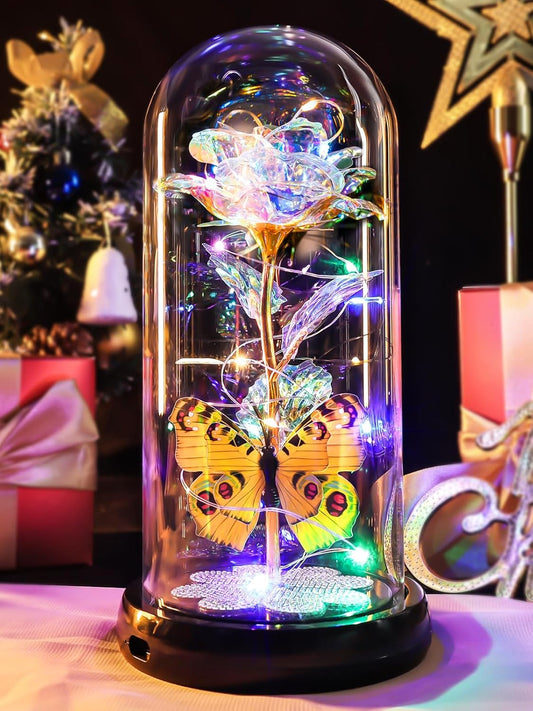 Pusuny Birthday Gifts for Women Mom, Rechargeable Galaxy Glass Rose Light Up Rose in Glass Dome Colorful Crystal Flower Butterfly Gift Mothers Day Christmas Roses Gifts for Her Wife Sister Friends