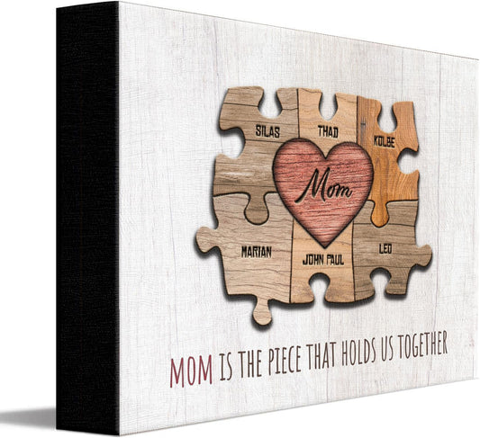 Personal-Prints MOM & Children Personalized HEART Puzzle Wall Art | Unique Customized with up to 8 Names | Mother’s Day, Birthday or Christmas Gift (8"x10" Easel Backed Canvas, 6 Children)