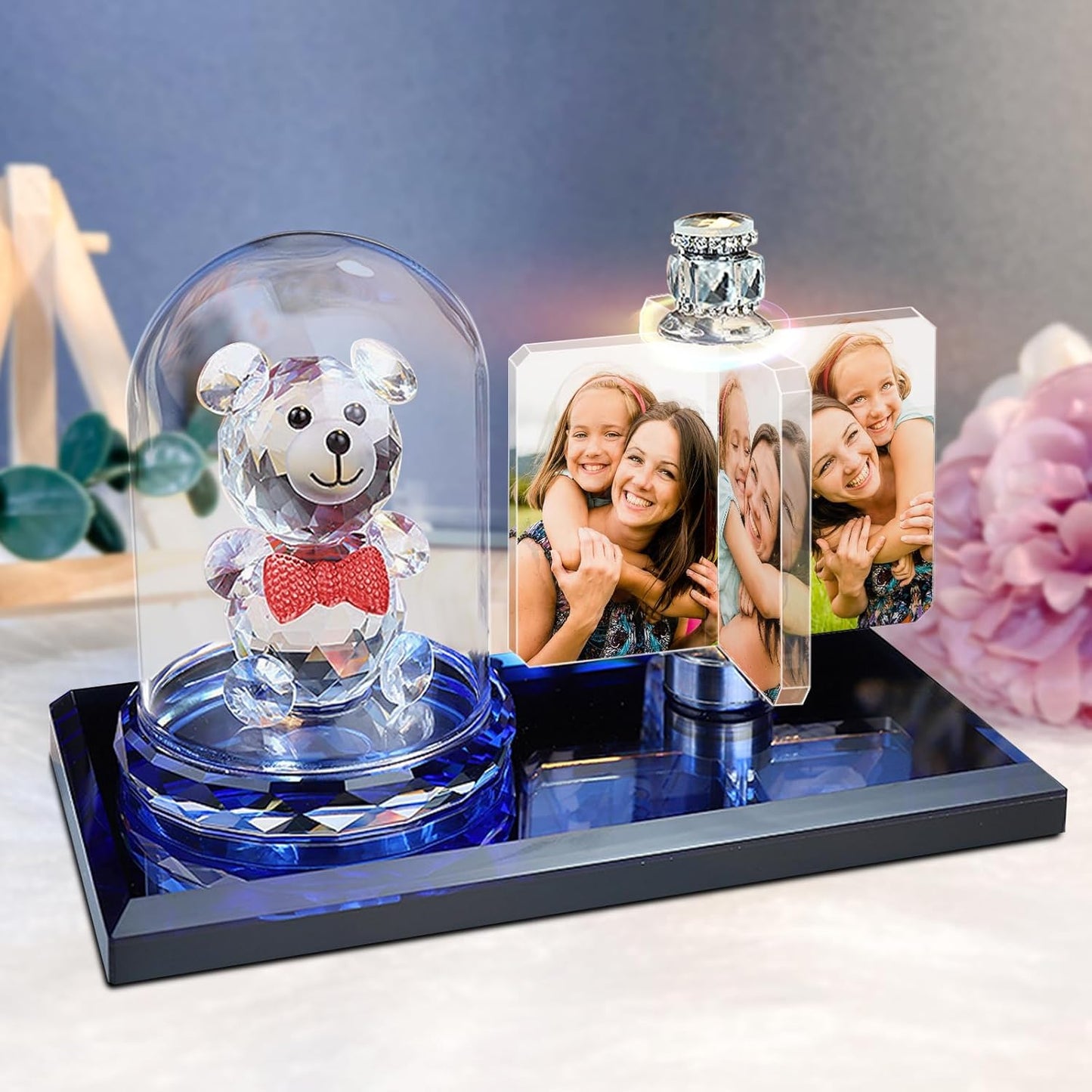 Personalized Customized 4 Photo Rotate Windmill Photo Frame Crystal Lamp LED Night Light Personalized Gift for Valentine's Day Birthday Christmas Gifts Bear Lamp, Rectangle-bear-red