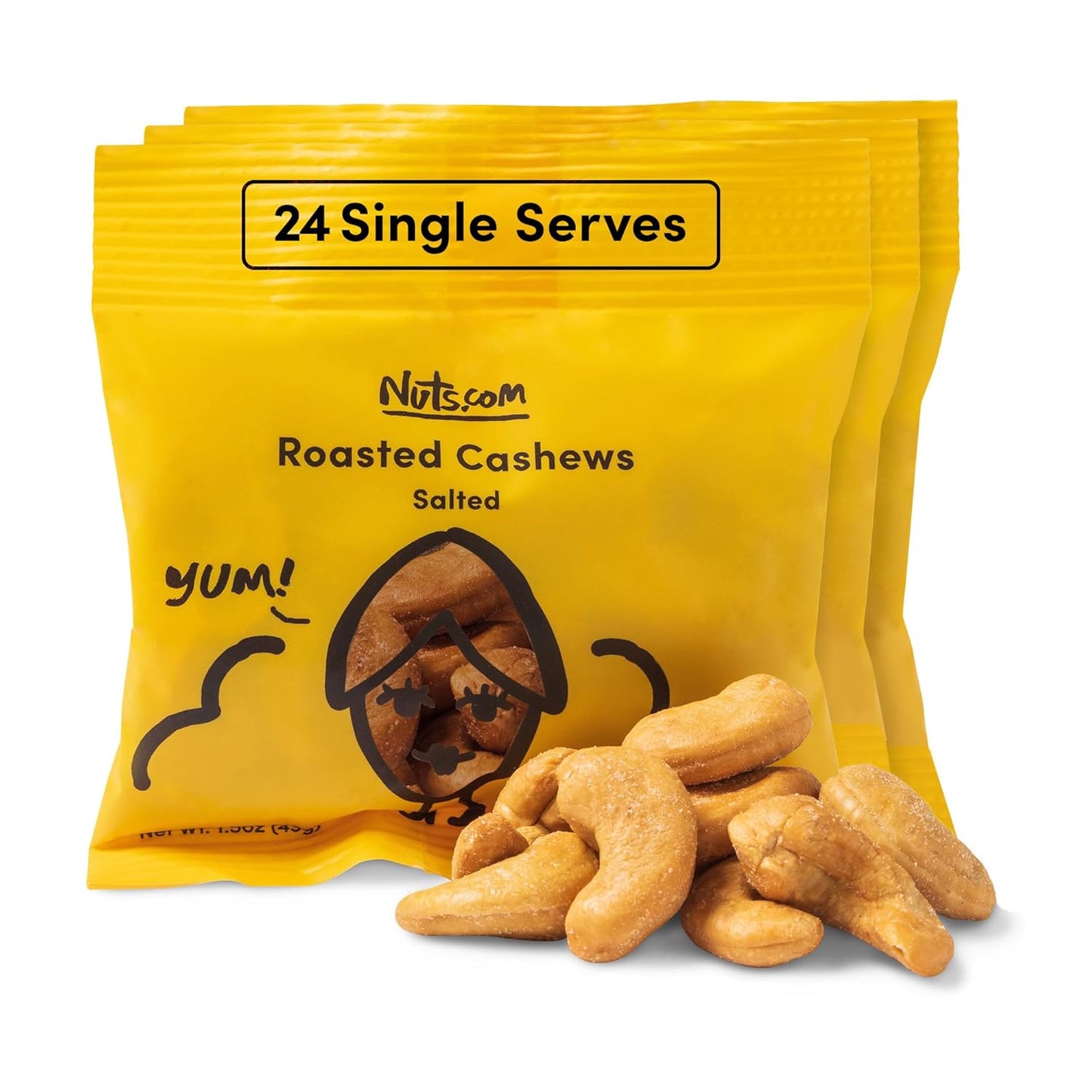 Nuts.com – Roasted Cashews (Salted Single Serve) — Creamy & Savory Flavor, Healthy Snack for Adults & Kids, Good Source of Protein, Fiber, Calcium, Iron & Healthy Fats – Vegan & Gluten-Free – 24 Pack