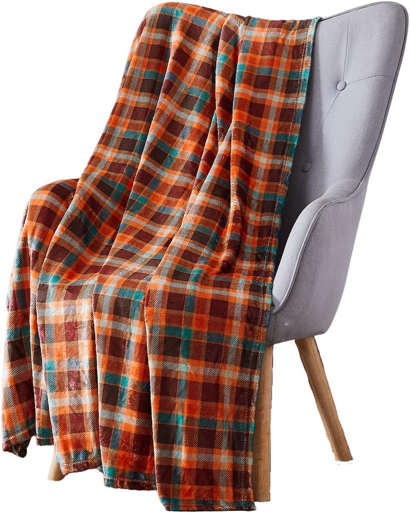 Fall Fleece Plaid Throw Blanket: Soft Plush Accent for Bed or Couch Orange, Teal Burgundy 50 x 70 inches