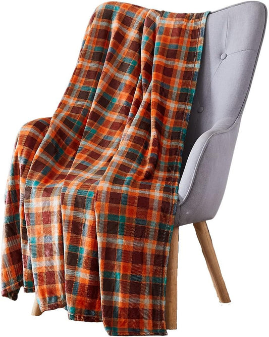 Fall Fleece Plaid Throw Blanket: Soft Plush Accent for Bed or Couch Orange, Teal Burgundy 50 x 70 inches