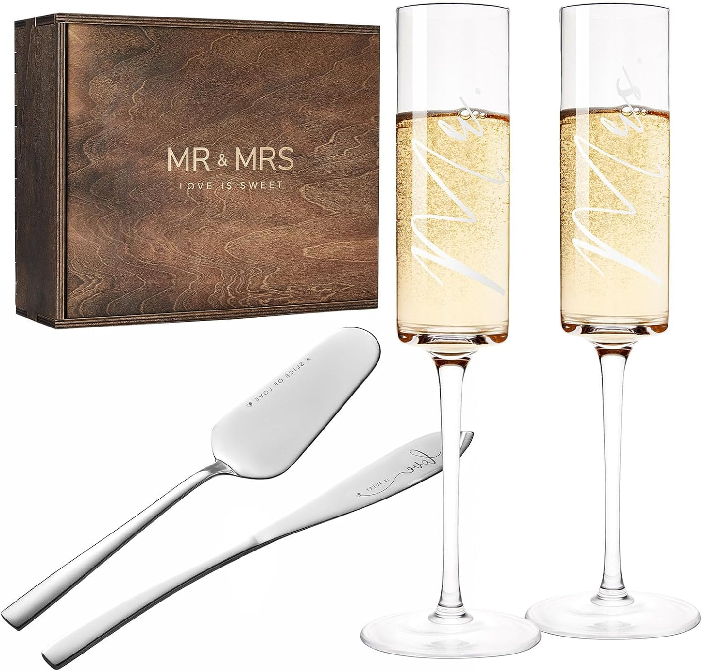AW BRIDAL Champagne Flutes Set of 2, MR MRS Engraved, Crystal, 6 oz, Cake Cutting Set, Wedding Gift Box, Housewarming Gifts, Engagement Gifts for Couple