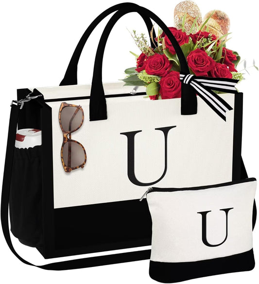 YOOLIFE Gifts for Women - Initial Tote Bag & Makeup Bag, Birthday Gifts for Women Mom Wife Teacher Friend