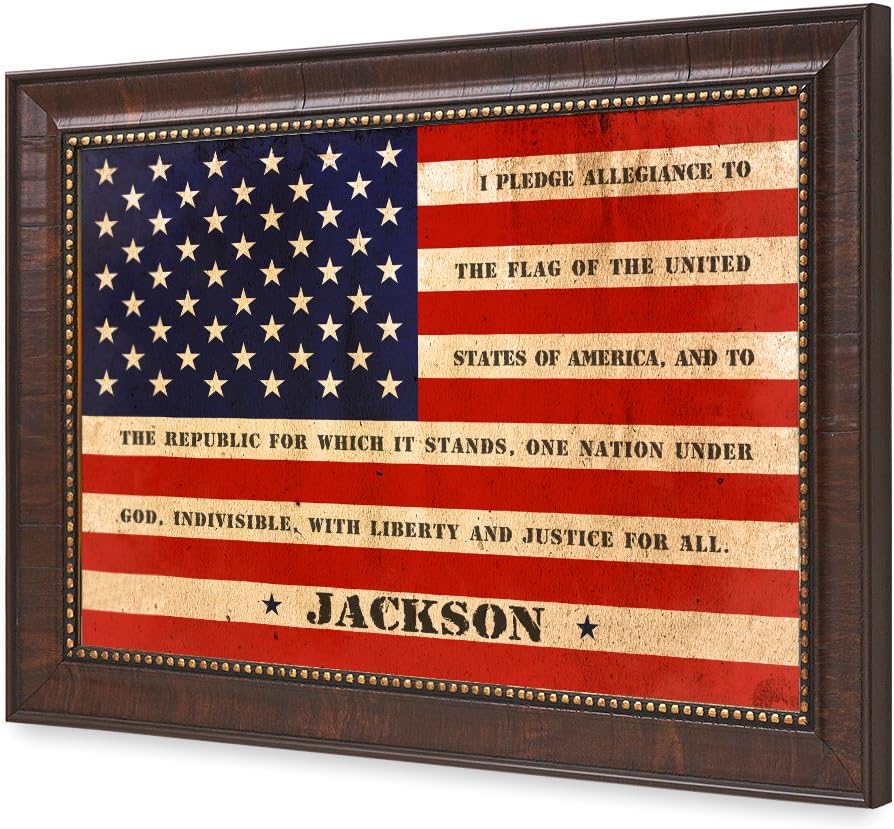 IPIC - American Flag Personalized Framed Artwork, Wall Art with Family Names and Oath. Customized Gift for Military Family, Veterans, and Independence Day, Ready to Hang, Total Size w/Frame: 21x15