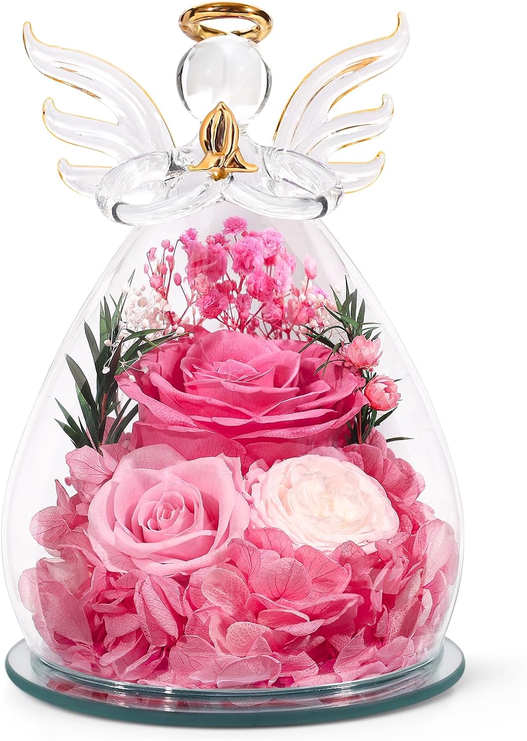Gifts for Women Preserved Rose Forever Flower in Glass Angel Figurines Fresh Flowers for Delivery Prime Mothers Day Birthday Gifts for Mom Real Pink Roses for Grandma Sister Wife Her from Daughter