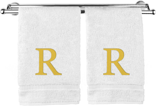 Monogrammed Hand Towel, Personalized Gift, Set of 2- Gold Block Letter Embroidered Towel - Extra Absorbent 100% Turkish Cotton - Soft Terry Finish - Initial R White
