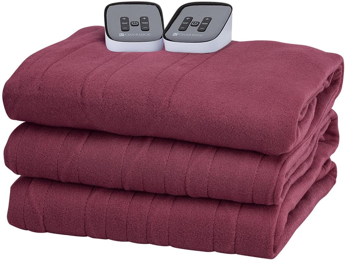 OakRidge Digital Comfort Fleece Heated Queen Blanket - Burgundy, 100% Polyester, Machine Washable, Oeko-TEX Certified, Perfect for Warm Nights, Controlled Heat Settings