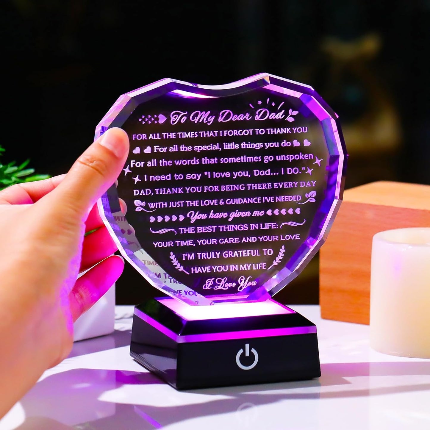 YWHL Gifts for Dad from Daughter Son with Colorful Light Base Birthday Gifts for Dad Crystal Heart Keepsake Thank You Gift Idea To My Father Present on Fathers Day Christmas Thanksgiving