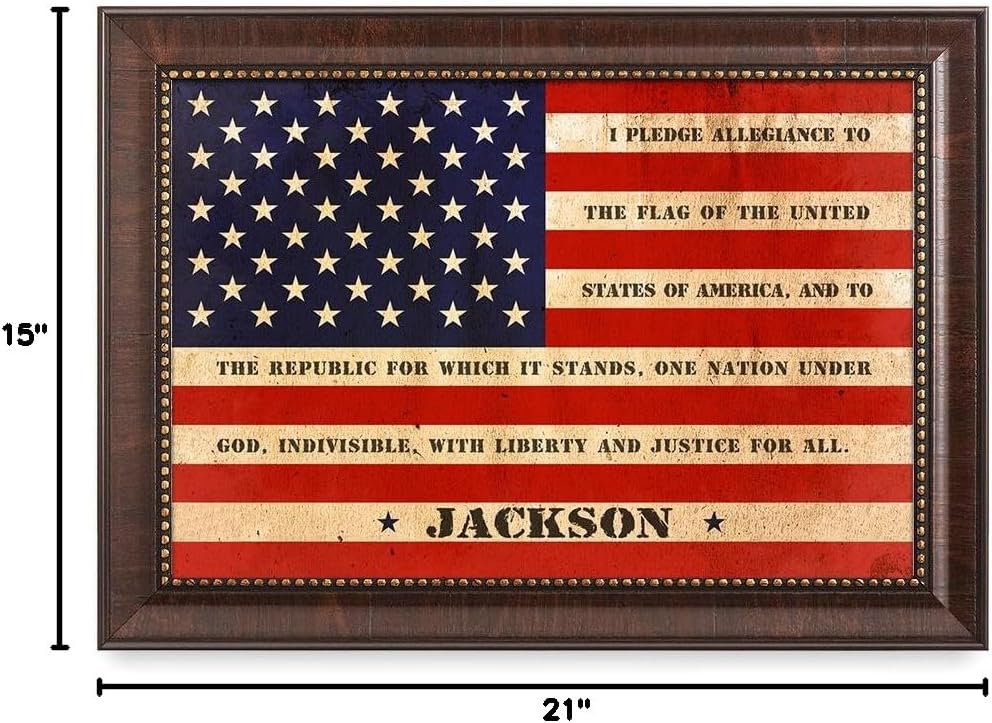 IPIC - American Flag Personalized Framed Artwork, Wall Art with Family Names and Oath. Customized Gift for Military Family, Veterans, and Independence Day, Ready to Hang, Total Size w/Frame: 21x15