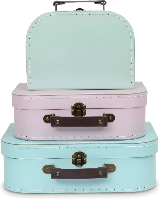 Jewelkeeper Paperboard Suitcases - Set of 3 Decorative Vintage Storage Boxes - Retro Luggage Decor for Birthdays, Weddings, Nursery, or Home Display - Pastel Cardboard Storage Box Set