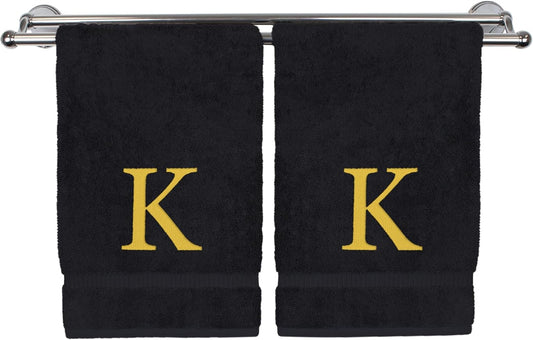 Monogrammed Hand Towel, Personalized Gift, Set of 2- Gold Block Letter Embroidered Towel - Extra Absorbent 100% Turkish Cotton - Soft Terry Finish - Initial K Black
