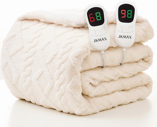 JKMAX Heated Electric Blanket Queen Size-84"x90" Heating Blanket with 10 Heating Levels & 5 Time Settings Over-Heat Protection，Winter Warmer for Adults with ETL Certification（Cream）