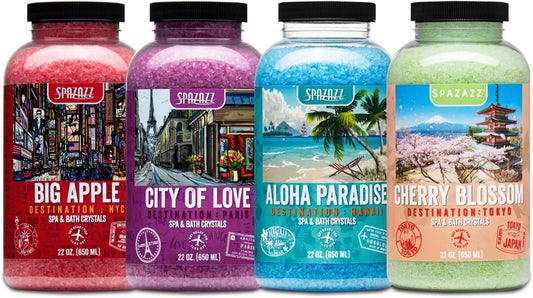 Hot Tub & Spa Aromatherapy Bath Salt Crystal Scents Spazazz Destinations Collection Bundle Aloha Paradise, Big Apple, City of Love, Cherry Blossom - Skin Moisturizer - Will Not Damage Spas & Hot Tubs