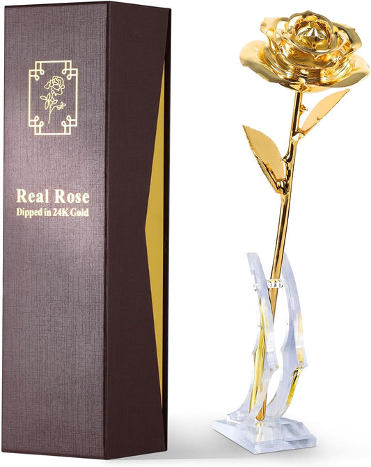 24K Gold Dipped Real Rose – Handcrafted, Elegant, One of a Kind – Romantic Gift for Her – Ideal for Birthday, Anniversary, Mother’s Day, Valentine’s (Gold)