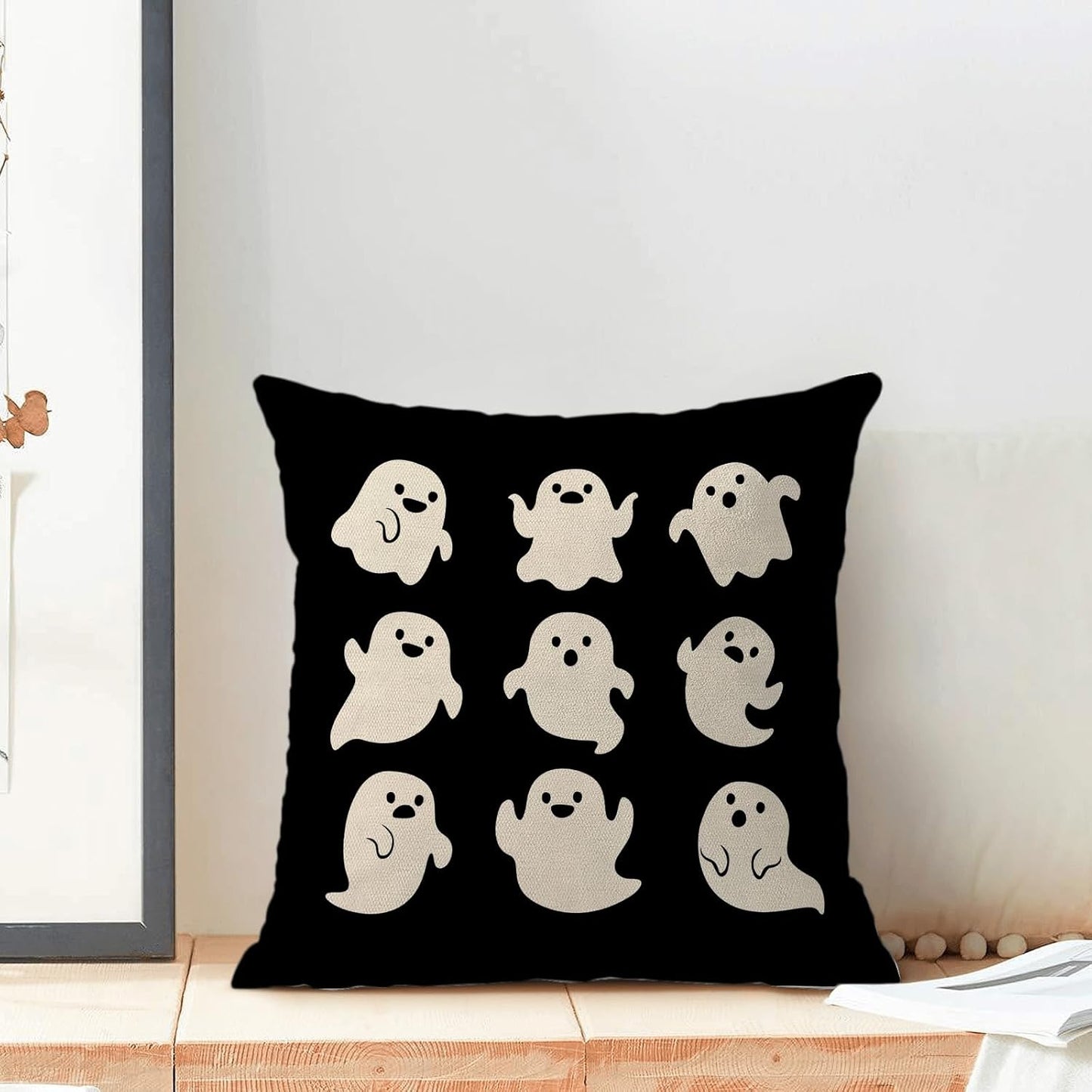 Halloween Pillow Covers 18x18 Pack of 2 Cute Black Beige Ghost Throw Pillow Covers Outdoor Decor,Autumn Holiday Decoration Ghost Pillowcase Linen Decorative Cushion Case for Home Sofa Couch