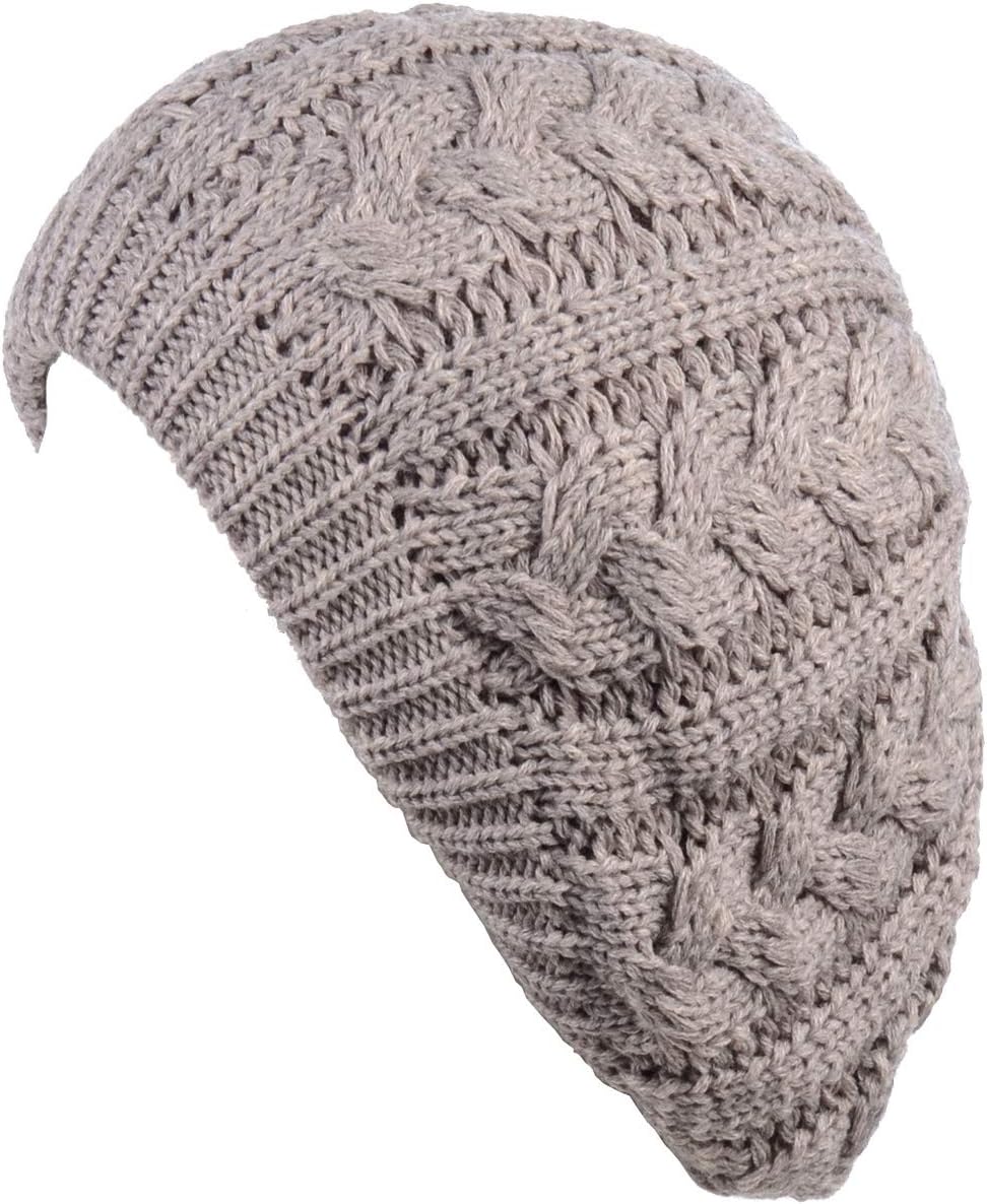 BYOS Womens Winter Cozy Cable Fleece Lined Knit Beret Beanie Hat (Set Available)