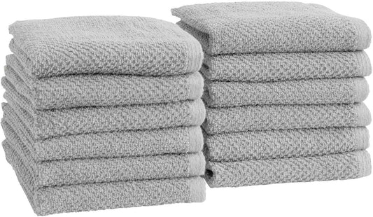 Grey Washcloth- 100% Cotton 12-Pack 13x13 Wash Cloth - Absorbent, Quick-Drying, Durable Face Towels for Bathroom Decor - Low-Twist, Two-Ply Fibers (Light Grey)
