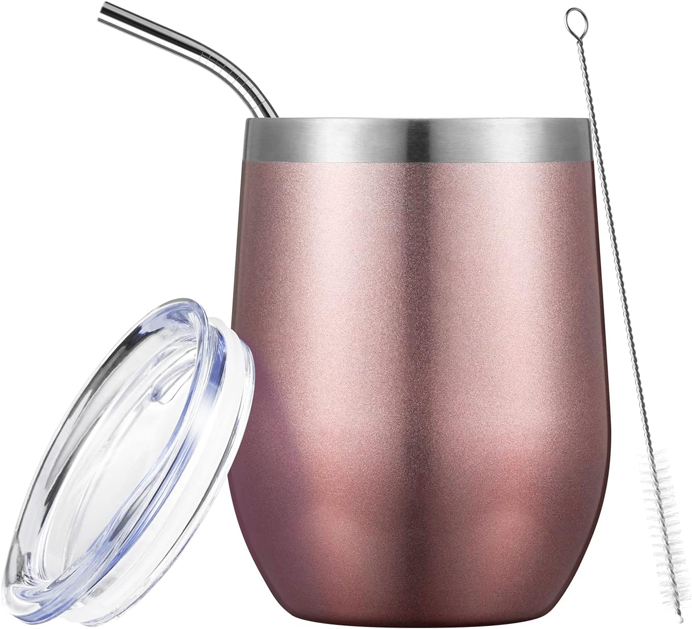 COMOOO 12oz Wine Tumbler with Lid and Straw, Insulated Wine Tumbler Cup, Stainless Steel Wine Glass Tumbler Stemless for Hot and Cold Drinks,Champagne,Cocktails, For Women, Rose gold