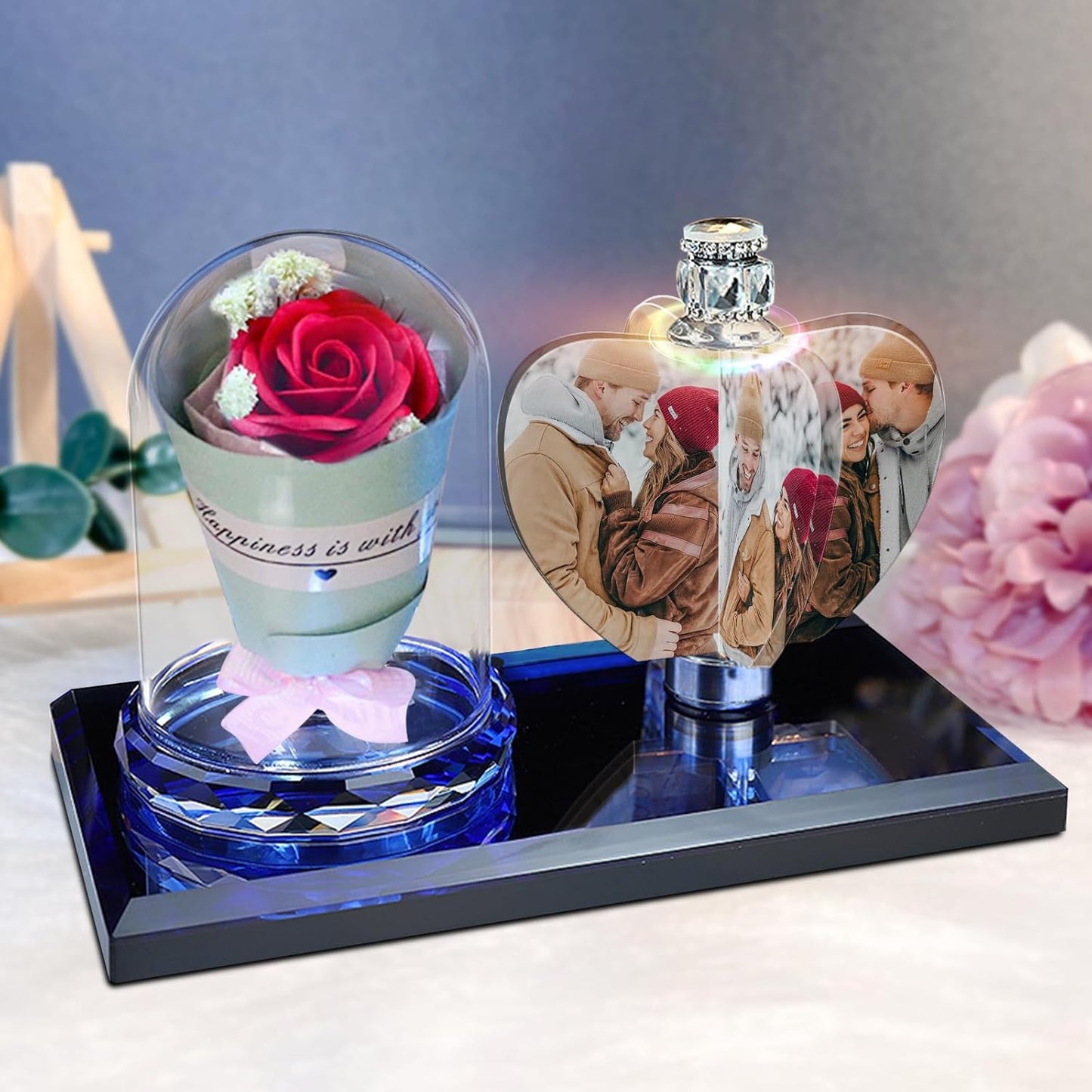 Personalized 4 photo rotating windmill light love crystal light LED night light photo frame birthday gift friend gift car decoration,Heart-Rose-Red