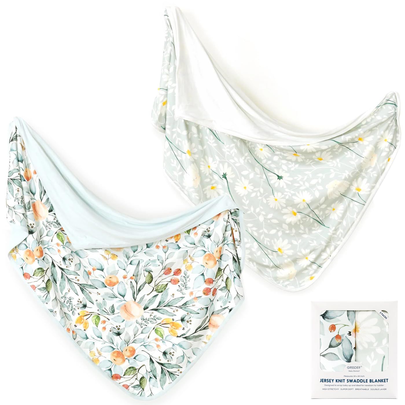 GRSSDER Baby Blankets Super Soft Stretchy Jersey Knit Swaddle Blanket 2 Pack for Baby Girls, Double Layer Reversible Receiving Blankets 34 x 44, Extra Large for Swaddling, Fruit & Daisy