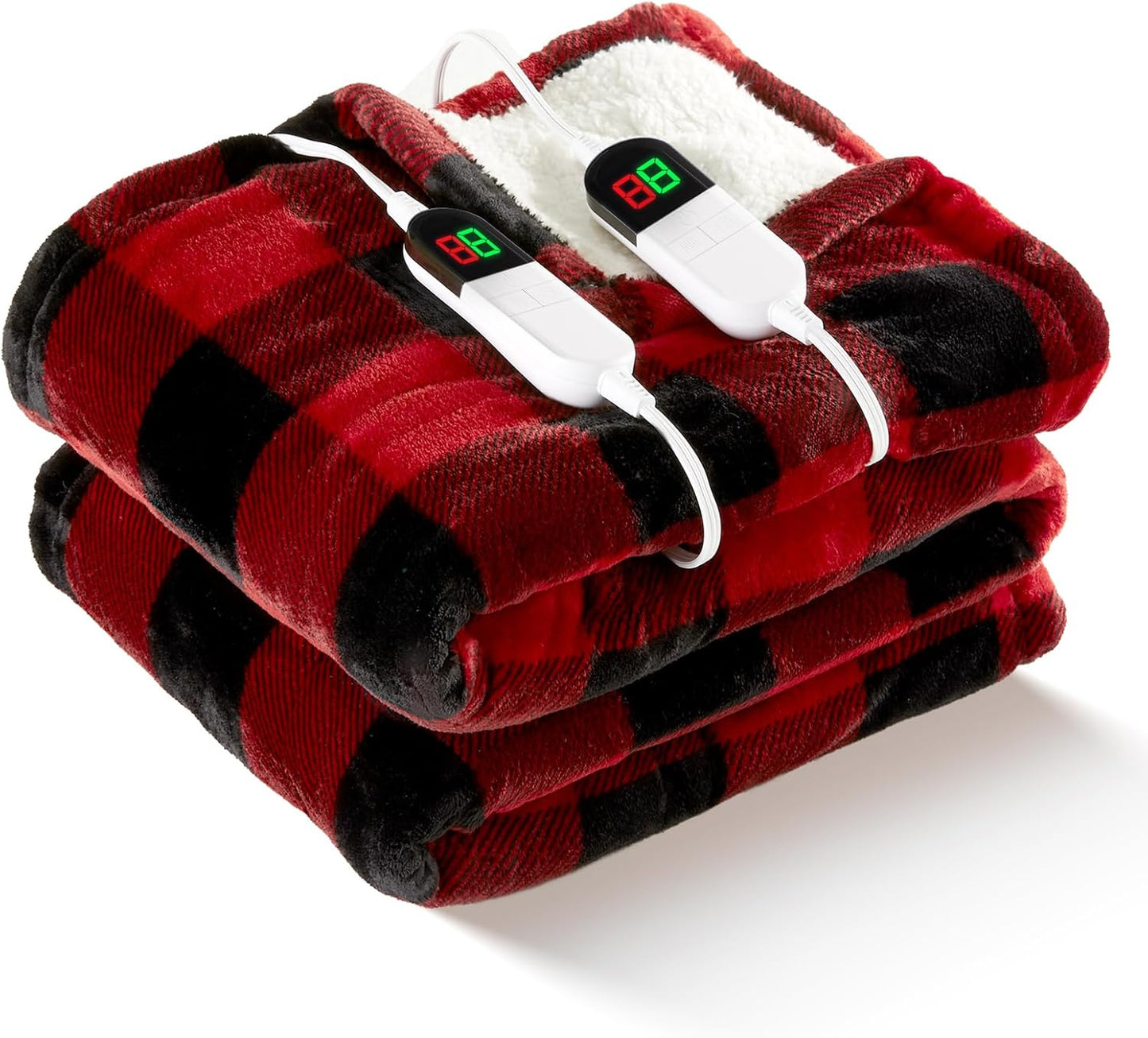 MAXEVE Electric Heated 90"x 100" Sherpa Buffalo Plaid Christmas King Blanket with Dual Controllers 8 Heating Levels & 8 Hours Auto Off, Fast Heating Warm Washable Blanket with ETL Certification, Red