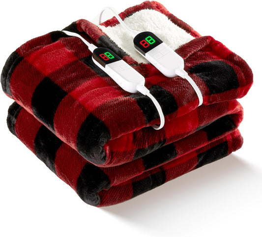 MAXEVE Electric Heated 90"x 100" Sherpa Buffalo Plaid Christmas King Blanket with Dual Controllers 8 Heating Levels & 8 Hours Auto Off, Fast Heating Warm Washable Blanket with ETL Certification, Red