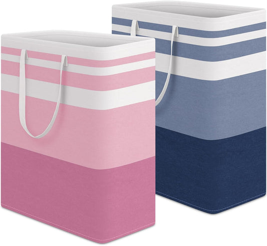 HomeHacks 2 Pack Large Laundry Baskets, Waterproof, Freestanding Laundry Hampers, Collapsible Clothes Hamper with Reinforced Handles in Laundry, College Dorm, Bathroom, Bedroom (Blue+Pink, 125Lx2)