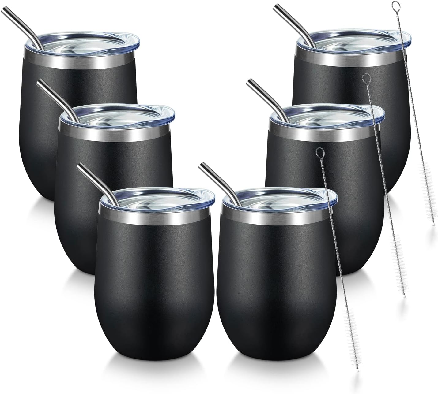 COMOOO 12oz Stainless Steel Wine Tumbler Bulk with Lid and Straw, Double Wall Vacuum Insulated Travel Tumbler Cup, Stemless Wine Tumbler for Cold and Hot Drinks, Coffee, Wine, Cocktails, Black, 6 Pack